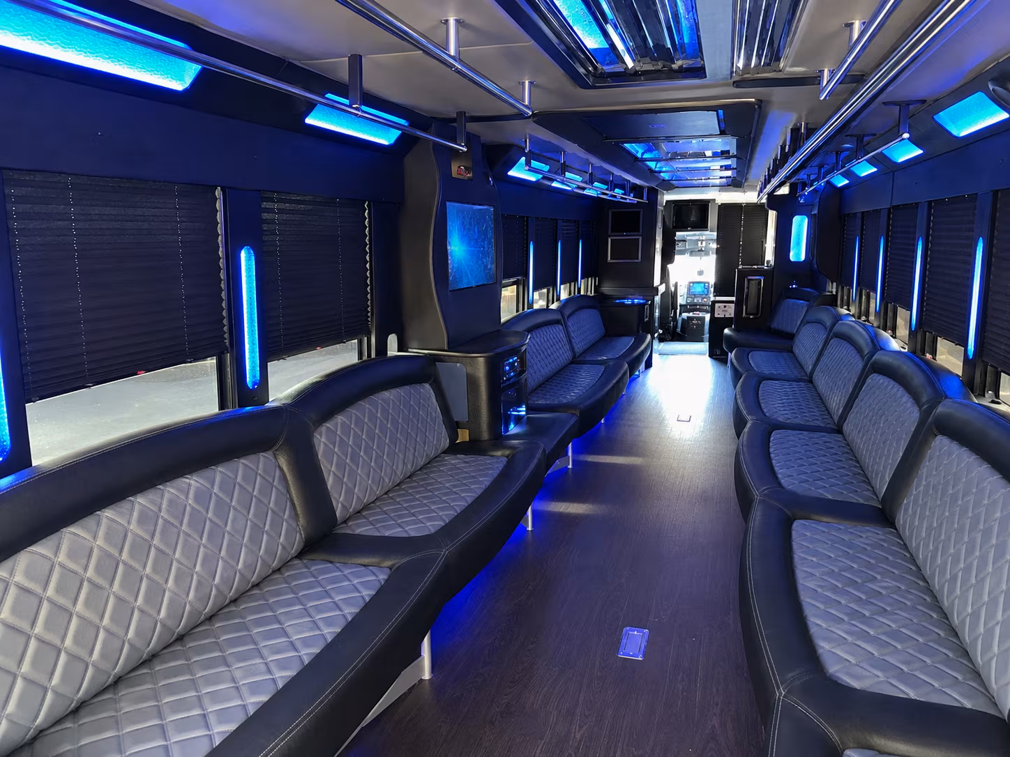 Passenger seating aboard a party bus rental serving Riverside